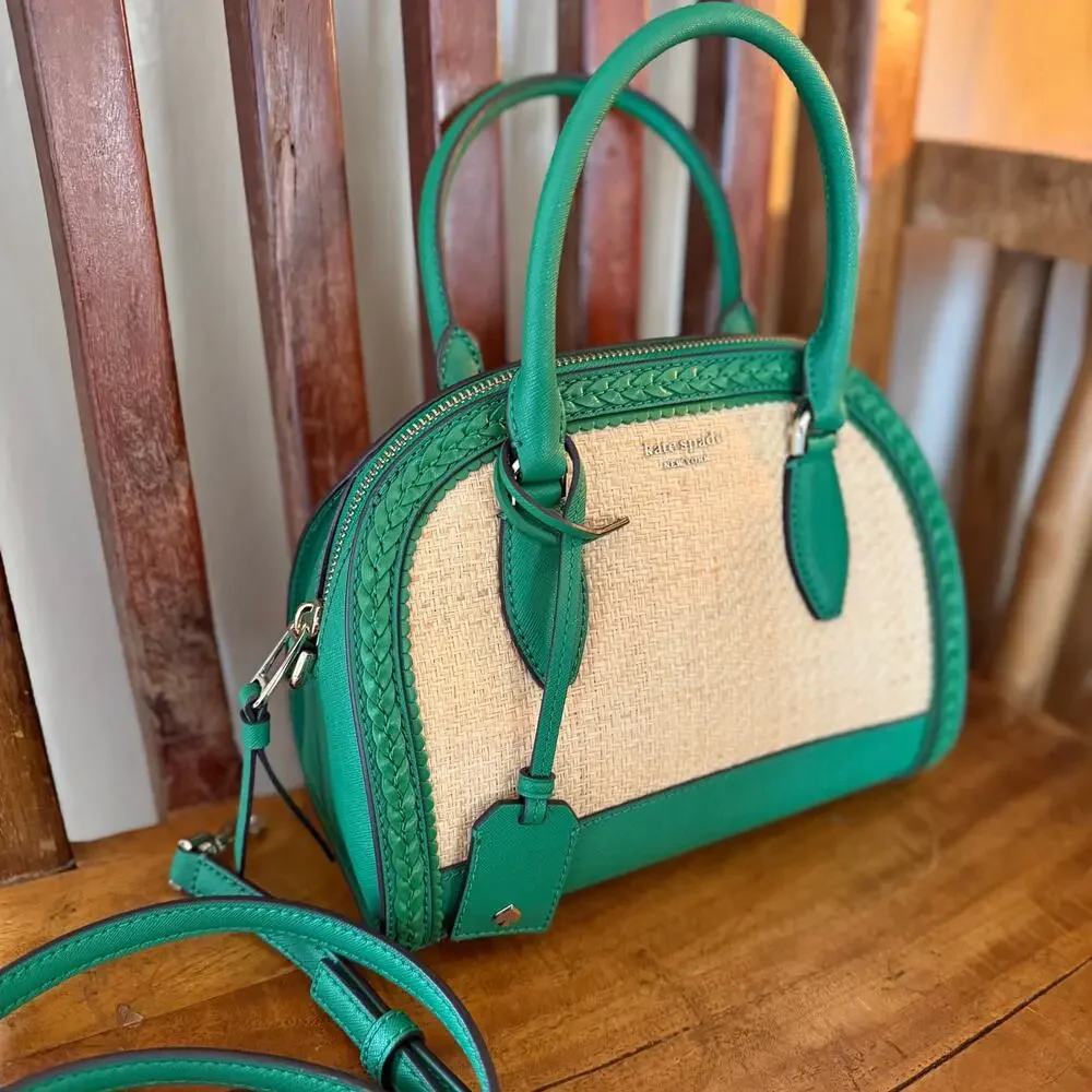 Kate Spade Reiley Raffia Straw & Green Leather Dome Satchel Crossbody